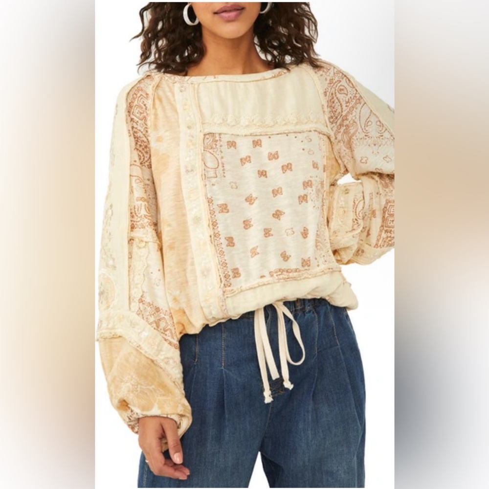 Free People Boom Boom long sleeved boho patchwork tunic. Size XS. Cream and tan.